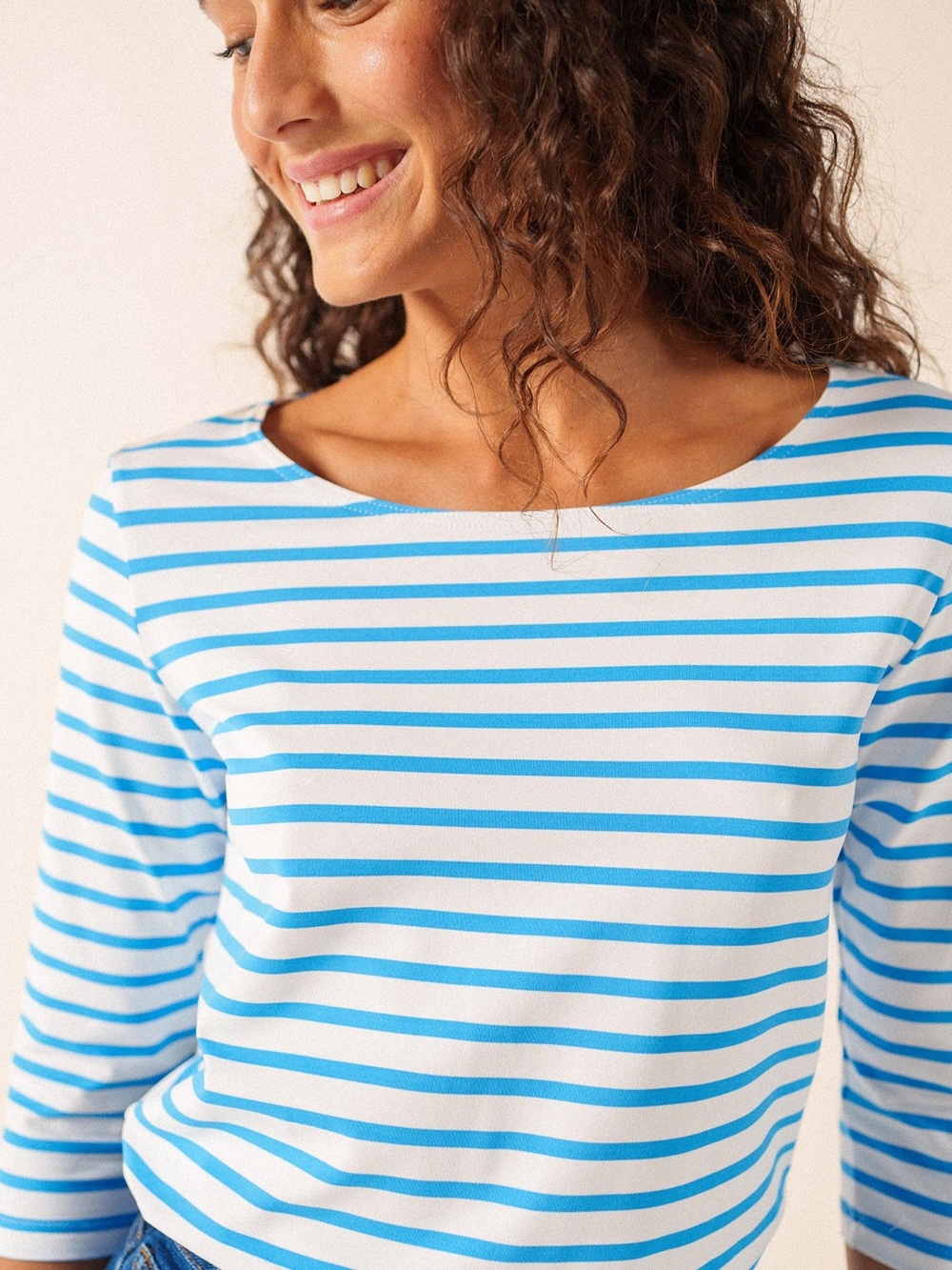 Saint James White/Capri Blue Garde Cote III Breton Striped Boatneck Top Size 8